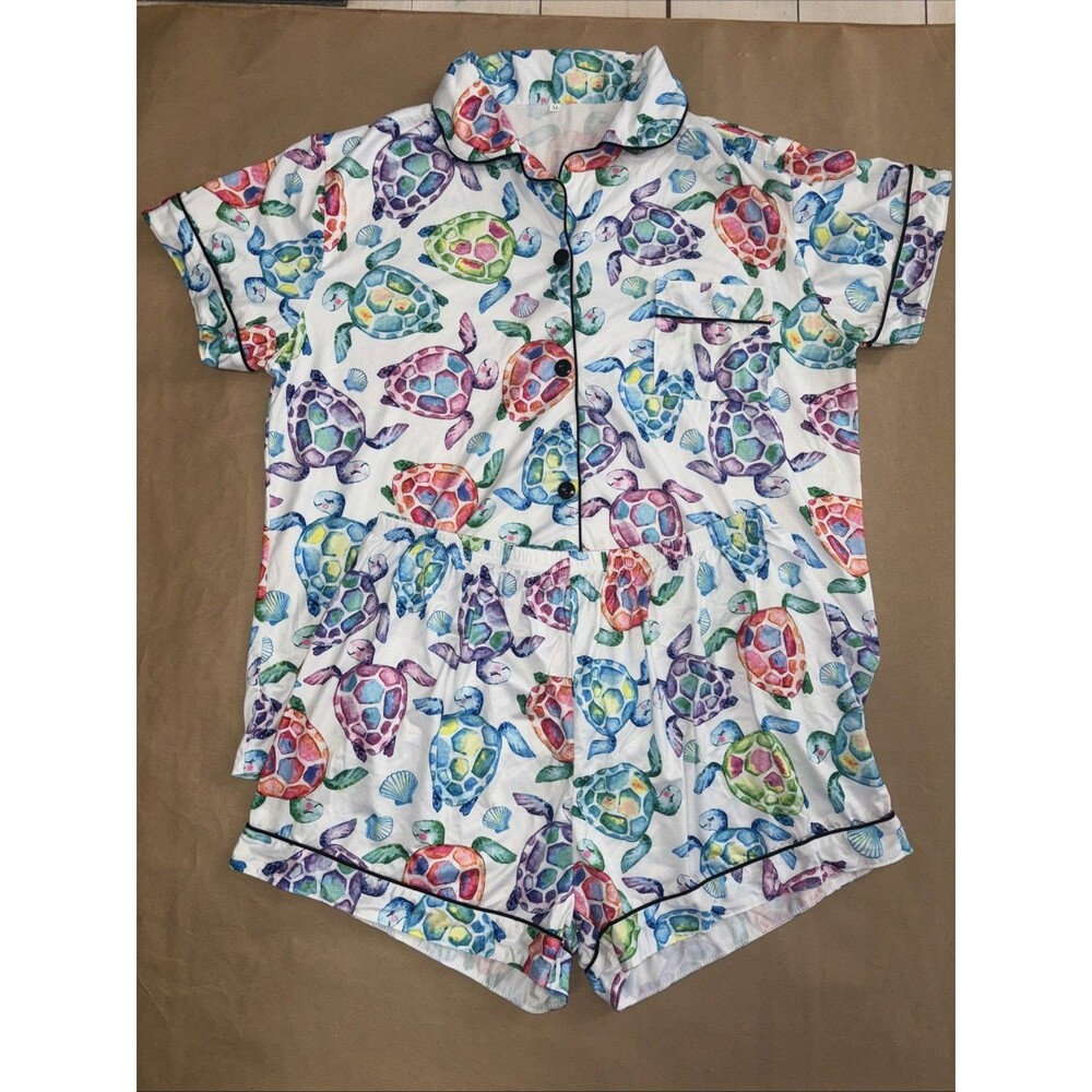 Women’s White Short Pajama Set with Colorful Turtle Print - Picture 2 of 6